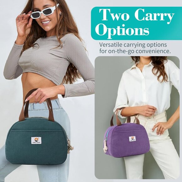 Cute Corduroy Lunch Box for Women & Teens, Insulated Tote for Work/Travel Green - Picture 2 of 7